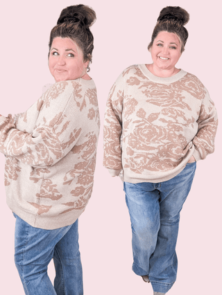 Ada Crewneck Sweater in Taupe Roses-2- Long Sleeve Tops-WHITE BIRCH-Styled by Stacked - A Plus Size Women's Boutique in Lakeville, MN