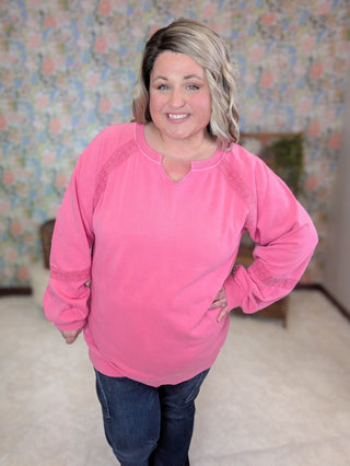 Addison Vintage Wash Pullover w/Lace Accents (2 Colors)-2- Long Sleeve Tops-MICHELLE MAE-Styled by Stacked - A Plus Size Women's Boutique in Lakeville, MN
