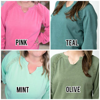 2- Long Sleeve Tops Addison Vintage Wash Pullover w/Lace Accents (4 Colors) plus size clothing