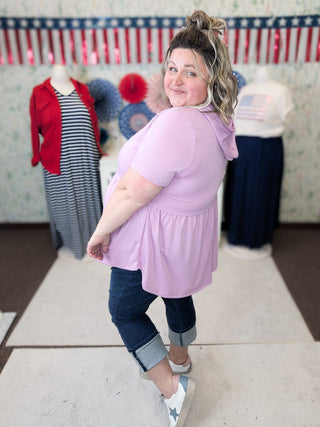 Adele Short Sleeve Babydoll Hoodie (2 Colors)-1- ShortSlv/Slvless Tops-BE STAGE-Styled by Stacked - A Plus Size Women's Boutique in Lakeville, MN