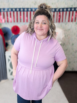 Adele Short Sleeve Babydoll Hoodie (2 Colors)-1- ShortSlv/Slvless Tops-BE STAGE-Styled by Stacked - A Plus Size Women's Boutique in Lakeville, MN