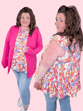 1- ShortSlv/Slvless Tops Adrianna Flutter Sleeve Tiered Top in Bright Mod Mix plus size clothing