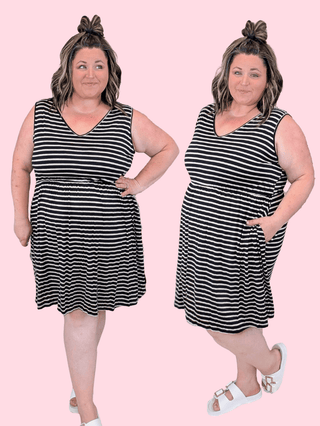 11- Dress/Romp/Jump Agatha Tieback Striped Dress in Black + Oatmeal plus size clothing