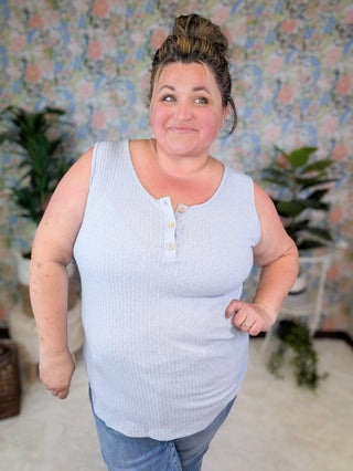 Agnes Ribbed Henley Tank in Heathered Solids-1- ShortSlv/Slvless Tops-WHITE BIRCH-Styled by Stacked - A Plus Size Women's Boutique in Lakeville, MN