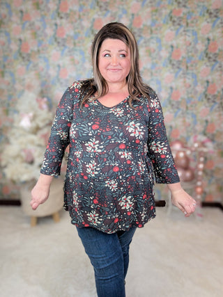 Ainsley Mini Ruffle 3/4 Sleeve in Holiberry in Black-2- Long Sleeve Tops-MICHELLE MAE-Styled by Stacked - A Plus Size Women's Boutique in Lakeville, MN