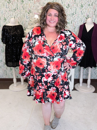 Alaina Black + Red Floral Dress w/Shorts-11- Dress/Romp/Jump-WHITE BIRCH-Styled by Stacked - A Plus Size Women's Boutique in Lakeville, MN