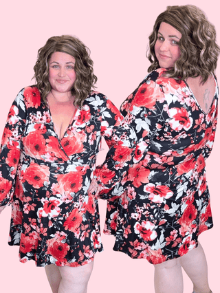 Alaina Black + Red Floral Dress w/Shorts-11- Dress/Romp/Jump-WHITE BIRCH-Styled by Stacked - A Plus Size Women's Boutique in Lakeville, MN