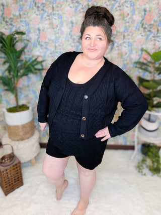 Alessia 3pc Cable Knit Set (Shorts, Top, Cardi) in Black-11- Dress/Romp/Jump-WHITE BIRCH-Styled by Stacked - A Plus Size Women's Boutique in Lakeville, MN
