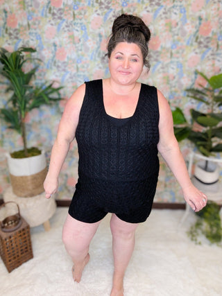 Alessia 3pc Cable Knit Set (Shorts, Top, Cardi) in Black-11- Dress/Romp/Jump-WHITE BIRCH-Styled by Stacked - A Plus Size Women's Boutique in Lakeville, MN