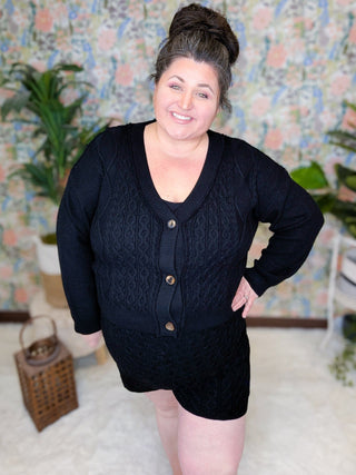 Alessia 3pc Cable Knit Set (Shorts, Top, Cardi) in Black-11- Dress/Romp/Jump-WHITE BIRCH-Styled by Stacked - A Plus Size Women's Boutique in Lakeville, MN