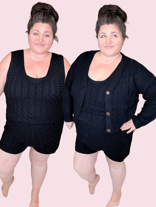 Alessia 3pc Cable Knit Set (Shorts, Top, Cardi) in Black-11- Dress/Romp/Jump-WHITE BIRCH-Styled by Stacked - A Plus Size Women's Boutique in Lakeville, MN