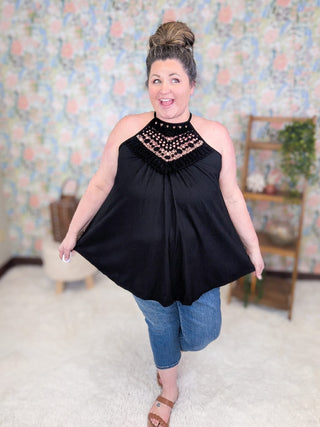 1- ShortSlv/Slvless Tops Allie Crochet Lace Top Tank in Ribbed Black plus size clothing