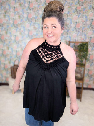 1- ShortSlv/Slvless Tops Allie Crochet Lace Top Tank in Ribbed Black plus size clothing