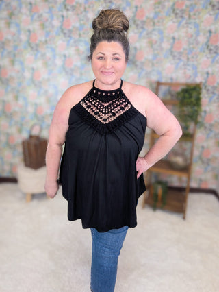 1- ShortSlv/Slvless Tops Allie Crochet Lace Top Tank in Ribbed Black plus size clothing