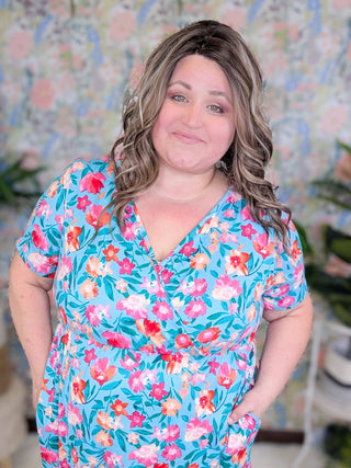 Allison Faux-Wrap Short Sleeve Dress in Turquoise Floral-11- Dress/Romp/Jump-MICHELLE MAE-Styled by Stacked - A Plus Size Women's Boutique in Lakeville, MN