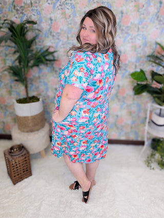 Allison Faux-Wrap Short Sleeve Dress in Turquoise Floral-11- Dress/Romp/Jump-MICHELLE MAE-Styled by Stacked - A Plus Size Women's Boutique in Lakeville, MN
