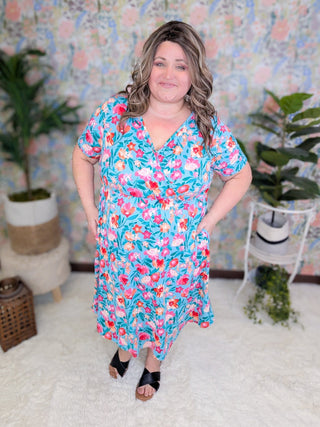 Allison Faux-Wrap Short Sleeve Dress in Turquoise Floral-11- Dress/Romp/Jump-MICHELLE MAE-Styled by Stacked - A Plus Size Women's Boutique in Lakeville, MN