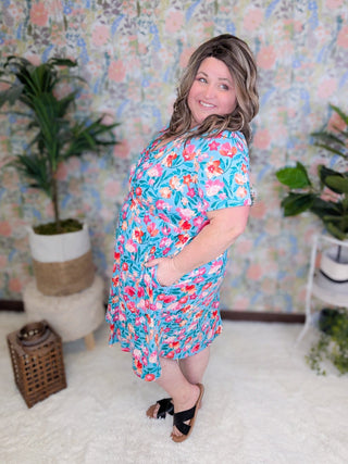 Allison Faux-Wrap Short Sleeve Dress in Turquoise Floral-11- Dress/Romp/Jump-MICHELLE MAE-Styled by Stacked - A Plus Size Women's Boutique in Lakeville, MN