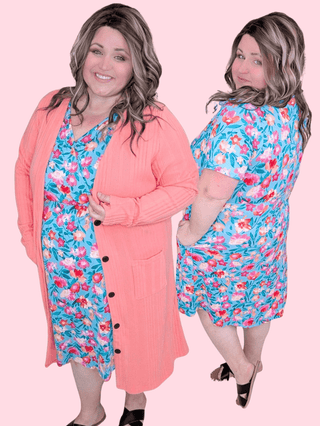 Allison Faux-Wrap Short Sleeve Dress in Turquoise Floral-11- Dress/Romp/Jump-MICHELLE MAE-Styled by Stacked - A Plus Size Women's Boutique in Lakeville, MN