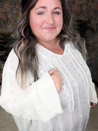 Allister Open Knit Cream Hooded Sweater-2- Long Sleeve Tops-WHITE BIRCH-Styled by Stacked - A Plus Size Women's Boutique in Lakeville, MN