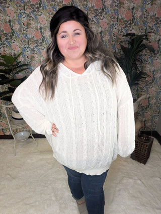 Allister Open Knit Cream Hooded Sweater-2- Long Sleeve Tops-WHITE BIRCH-Styled by Stacked - A Plus Size Women's Boutique in Lakeville, MN
