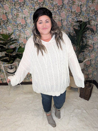 Allister Open Knit Cream Hooded Sweater-2- Long Sleeve Tops-WHITE BIRCH-Styled by Stacked - A Plus Size Women's Boutique in Lakeville, MN