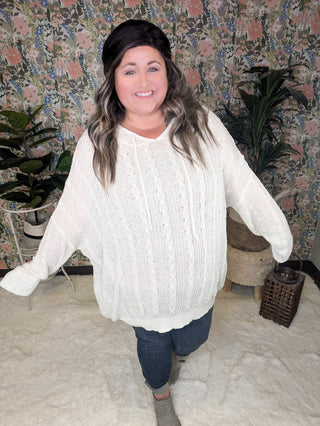 Allister Open Knit Cream Hooded Sweater-2- Long Sleeve Tops-WHITE BIRCH-Styled by Stacked - A Plus Size Women's Boutique in Lakeville, MN