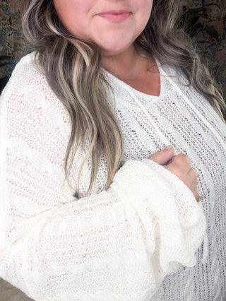 Allister Open Knit Cream Hooded Sweater-2- Long Sleeve Tops-WHITE BIRCH-Styled by Stacked - A Plus Size Women's Boutique in Lakeville, MN