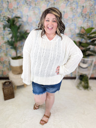 Allister Open Knit Cream Hooded Sweater-2- Long Sleeve Tops-WHITE BIRCH-Styled by Stacked - A Plus Size Women's Boutique in Lakeville, MN