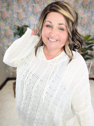 Allister Open Knit Cream Hooded Sweater-2- Long Sleeve Tops-WHITE BIRCH-Styled by Stacked - A Plus Size Women's Boutique in Lakeville, MN