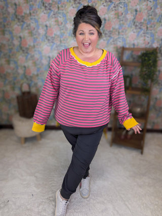 Ally Pink Striped Pullover w/Side Slits-4- Overlayer Tops-WHITE BIRCH-Styled by Stacked - A Plus Size Women's Boutique in Lakeville, MN