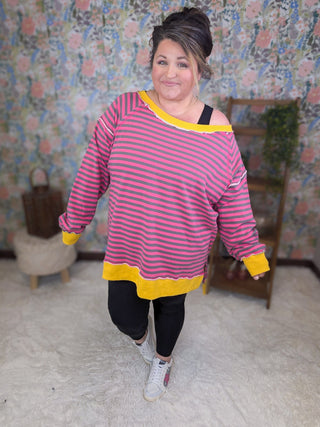 Ally Pink Striped Pullover w/Side Slits-4- Overlayer Tops-WHITE BIRCH-Styled by Stacked - A Plus Size Women's Boutique in Lakeville, MN