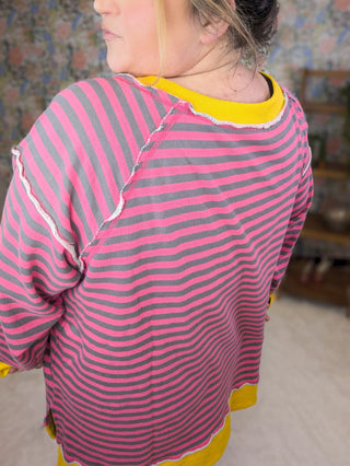 Ally Pink Striped Pullover w/Side Slits-4- Overlayer Tops-WHITE BIRCH-Styled by Stacked - A Plus Size Women's Boutique in Lakeville, MN