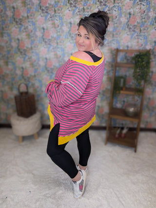 Ally Pink Striped Pullover w/Side Slits-4- Overlayer Tops-WHITE BIRCH-Styled by Stacked - A Plus Size Women's Boutique in Lakeville, MN