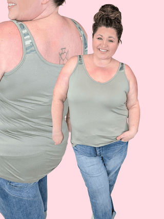 Alora Olive Tank w/Camo Accent-1- ShortSlv/Slvless Tops-MICHELLE MAE-Styled by Stacked - A Plus Size Women's Boutique in Lakeville, MN