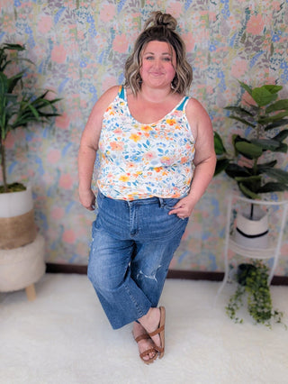 Alora Solid Accent Tank in Ivory Watercolor Floral-1- ShortSlv/Slvless Tops-MICHELLE MAE-Styled by Stacked - A Plus Size Women's Boutique in Lakeville, MN