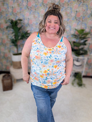 Alora Solid Accent Tank in Ivory Watercolor Floral-1- ShortSlv/Slvless Tops-MICHELLE MAE-Styled by Stacked - A Plus Size Women's Boutique in Lakeville, MN