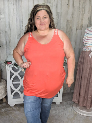Alora Solid Scoop Tank w/Floral Shoulder Accent-1- ShortSlv/Slvless Tops-Michelle Mae-Styled by Stacked - A Plus Size Women's Boutique in Lakeville, MN
