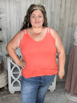 Alora Solid Scoop Tank w/Floral Shoulder Accent-1- ShortSlv/Slvless Tops-Michelle Mae-Styled by Stacked - A Plus Size Women's Boutique in Lakeville, MN