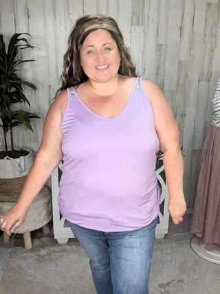 Alora Solid Scoop Tank w/Floral Shoulder Accent-1- ShortSlv/Slvless Tops-Michelle Mae-Styled by Stacked - A Plus Size Women's Boutique in Lakeville, MN