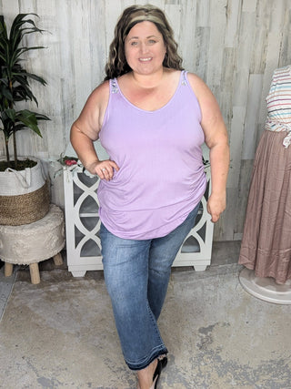 Alora Solid Scoop Tank w/Floral Shoulder Accent-1- ShortSlv/Slvless Tops-Michelle Mae-Styled by Stacked - A Plus Size Women's Boutique in Lakeville, MN