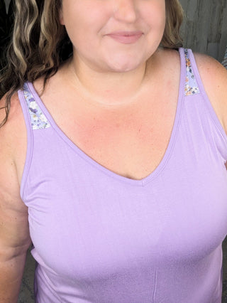 Alora Solid Scoop Tank w/Floral Shoulder Accent-1- ShortSlv/Slvless Tops-Michelle Mae-Styled by Stacked - A Plus Size Women's Boutique in Lakeville, MN