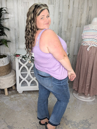 Alora Solid Scoop Tank w/Floral Shoulder Accent-1- ShortSlv/Slvless Tops-Michelle Mae-Styled by Stacked - A Plus Size Women's Boutique in Lakeville, MN