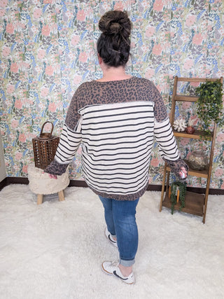 2- Long Sleeve Tops Amari Striped Pullover w/Leopard Accents plus size clothing
