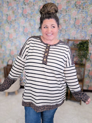 2- Long Sleeve Tops Amari Striped Pullover w/Leopard Accents plus size clothing