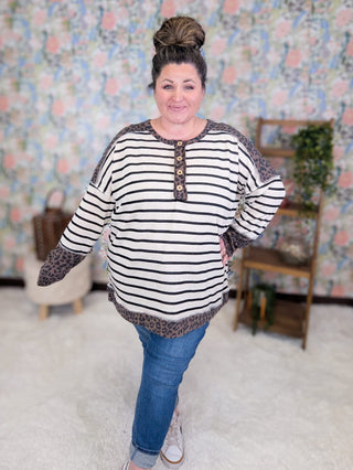 2- Long Sleeve Tops Amari Striped Pullover w/Leopard Accents plus size clothing