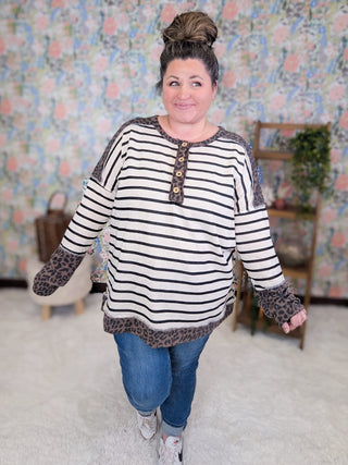 2- Long Sleeve Tops Amari Striped Pullover w/Leopard Accents plus size clothing