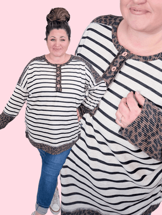 2- Long Sleeve Tops Amari Striped Pullover w/Leopard Accents plus size clothing