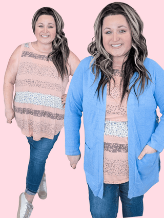 Amber Blocked Floral Stripe Tank in Peach-1- ShortSlv/Slvless Tops-EMERALD-Styled by Stacked - A Plus Size Women's Boutique in Lakeville, MN
