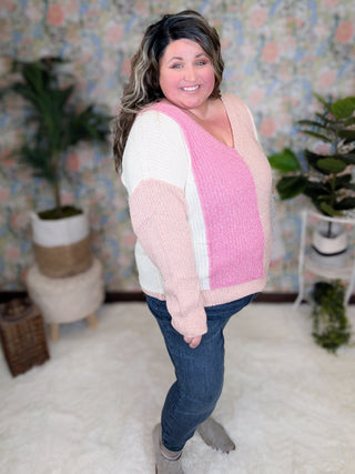 Amelia Confetti Colorblock Sweater in Cotton Candy-2- Long Sleeve Tops-KORI-Styled by Stacked - A Plus Size Women's Boutique in Lakeville, MN